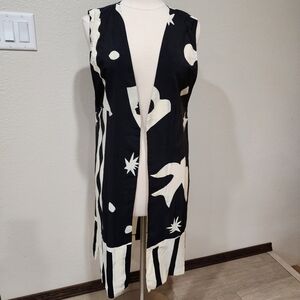Vintage Caron Chicago Geometric Print Duster Vest Black Cream Art to Wear